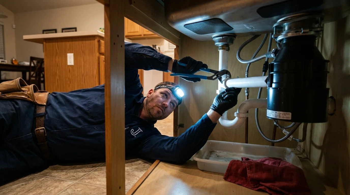 P-trap and supply line connections under a kitchen sink showing a common leak point in Kingston, MO